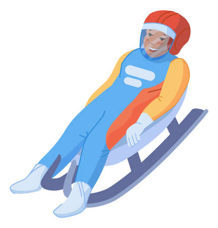 Boy in helmet sliding down on sledge. Winter child activityのイラスト素材