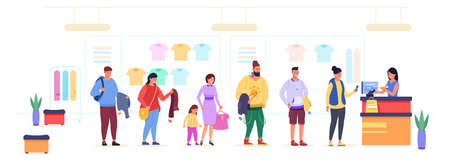 Clothes shopping queue. Shoppers queues at counter cashier clothing shop, crowded multi store with vendor queuing client teenager with bag inside mall, garish vector illustrationのイラスト素材