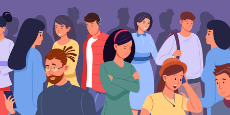 Depressive crowd. Sad teen girl behind parties people, social depression, mental burnout and anxiety...