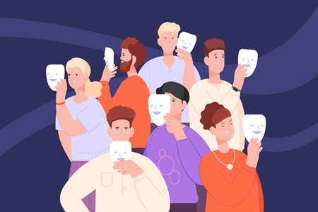 Hiding mask of group. Fake personality impostor person, liar faces, depressed man and woman sad emoticon, concept anonymity, cartoon people behind, vector illustrationのイラスト素材