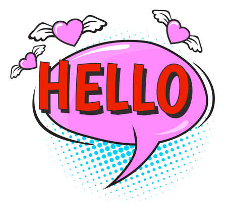 Hello chat message in retro comic style with flying heartsのイラスト素材