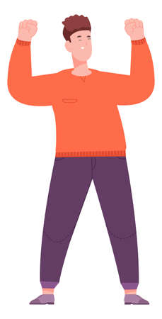 Smiling man raising hand in positive joyful gestureのイラスト素材