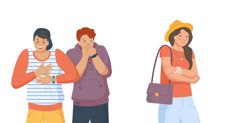 Taunts girl. Unfriendly student guys giggle at teen woman, bullying students, gossiping friends, vector illustrationのイラスト素材