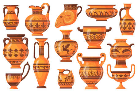 Cartoon greek pots. Ancient pottery ceramic vases, old antique pot jug jars vase, isolated collection craft earthenware of greece, clay ornament oil bowl, neat vector illustrationのイラスト素材