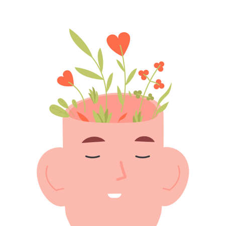 Blooming mind. Positive mental beauty human with flower inside head, mindfulness and healing brain, happy and wellbeing vector illustrationのイラスト素材