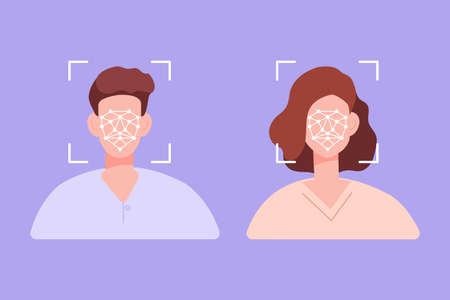 Facial verification. Face recognition, reader biometric data, access verification ai system regconition identity, cartoon vector illustrationのイラスト素材
