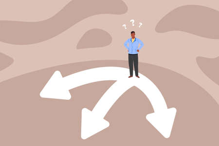 Man at crossroads. Choice road or path, uncertainty business decision, change life and job way, confusing work, vector illustrationのイラスト素材