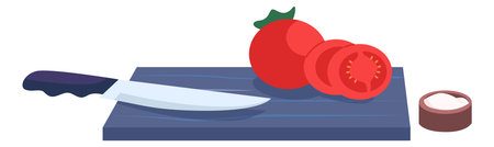 Cutting board with tomato slices and knife. Preparing foodのイラスト素材
