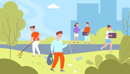 Kids clean park. Kid cleaning forest plant from city garbage, school children volunteer community, recycling green environment, cleanup nature rubbish, splendid vector illustrationのイラスト素材