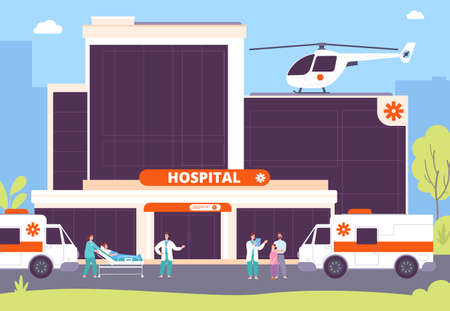 People at hospital building. Doctor nurse patient walking outside emergency, ambulance and helicopter medical construction, healthcare background, flat splendid vector illustrationのイラスト素材
