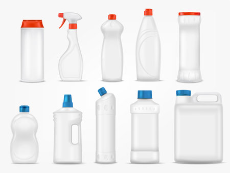 Realistic detergent bottle. 3d bottles domestic chemicals cleaner, mockup detergents laundry packaging container, liquids for removal dirt cleaning equipment, isolated tidy vectorのイラスト素材