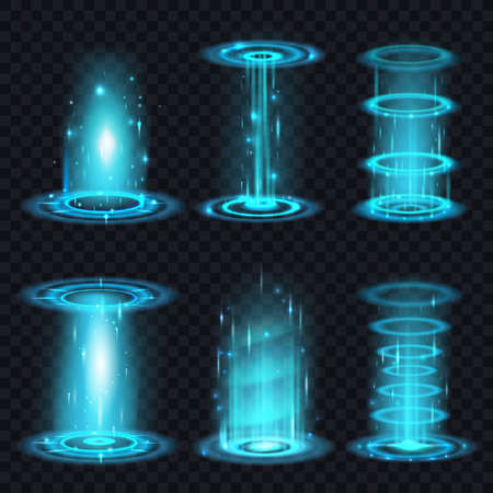 Realistic portal. Circle aura of lasergames, game hologram tunnel effect, gaming teleport, glow lights or laser beam, glowing colors neon rounded energy, tidy vector illustrationのイラスト素材