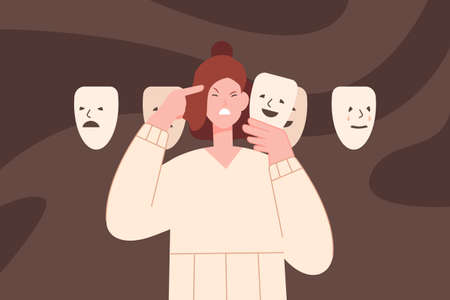 Woman emotion mask. Face behind masks personality psychology, fake person disguise borderline disorder adult girl and sad emotion, reaction control, vector illustrationのイラスト素材