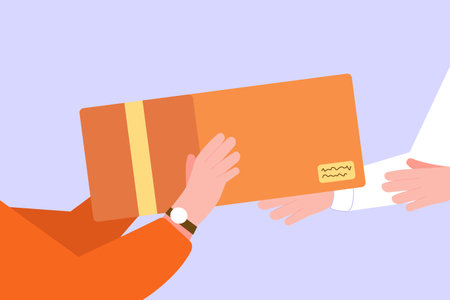 Hands received parcel. Givebox delivery to address, box package ecommerce received post, courier job or shipping mail, flat vector illustrationのイラスト素材