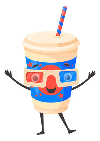 Soda cup character in 3d cinema glasses. Cartoon iconのイラスト素材