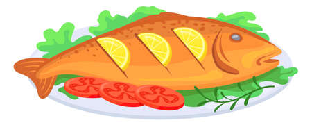 Cartoon fish plate. Grilled sea food dishのイラスト素材