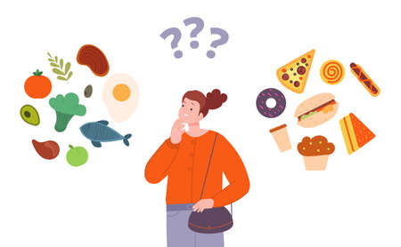 Choice balancing diet. Woman thinking choose healthy meal or bad fast food, organic vs unhealthy nutrition, good balance cholesterol and protein for weight, vector illustrationのイラスト素材