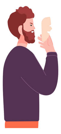 Man hiding face behind mask. Liar with fake smile. Disguiseのイラスト素材