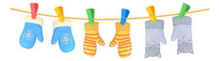 Wool mittens hanging on string. Cartoon winter frost hand glovesのイラスト素材