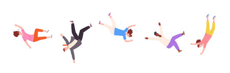 People fly down. Falling woman and man, human smashing fail drowning person in life difficulties, fall flauers slipping injury accident hovering girlのイラスト素材