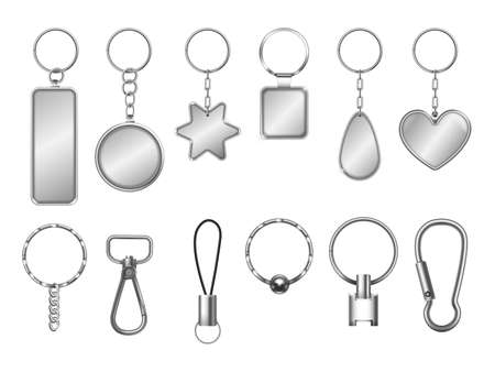Realistic keyring. Metal key door keychain, metallic chains with blank icons, round circle keyrings, chained holders, steel trinket keys car, identity holder, isolated tidy vectorのイラスト素材