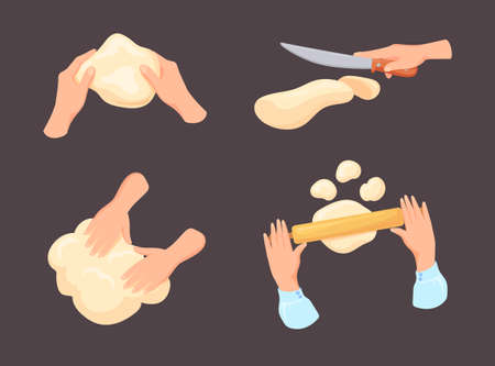 Kneading dough hands. Baker hand knead flour with doughs for making baking bread on yeast, home bake recipe prepare sourdough for cook bakery cake, cartoon neat vector illustrationのイラスト素材