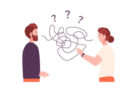 Confronting couple. Negative communication wife with anger boyfriend, divorce jealousy blind relationship couples conflict vector illustrationのイラスト素材