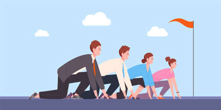 Corporate run positioning. Business competition ready to start, beginning race office rivalry competitor challenge executive worker sprint track line, splendid vector illustrationのイラスト素材