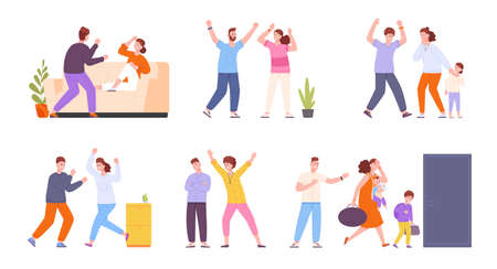 Family quarrel. Parents argue or fight, wifes abuse domestic violence sad childhood families conflict married crisis couple problems behaviour husbandのイラスト素材