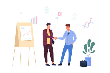 Handshake two entrepreneur. Businessman shake hand client, customer person agreement, partnership deal greeting world relationship sell management, vector illustrationのイラスト素材