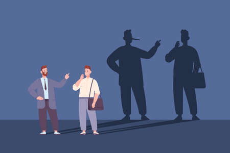 Liar shadow. Dishonest politician or businessman, liars speaker with long nose pinocchio, fraud employee deceive people, lie bad political leader, vector illustrationのイラスト素材