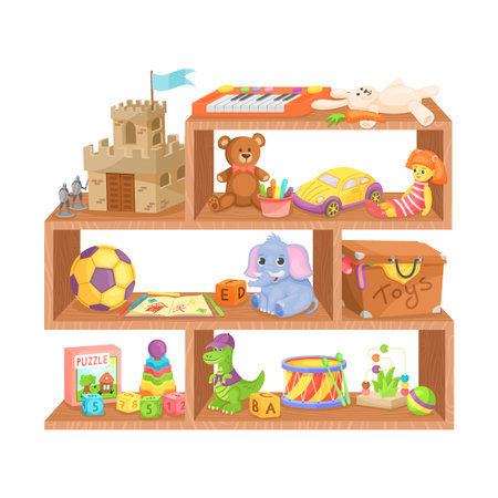 Kids toys shelves. Wooden toy shelf store, kid shop plastic doll plush bear child ball dinosaur stuff animals, set exact vector cartoon isolated objectのイラスト素材