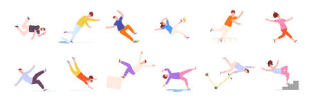 Stumbling people. Falls person, falling down characters stairs unbalanced ladder, caution risk dangerous injury tripping drop man slip slide falldown, splendid vector illustrationのイラスト素材