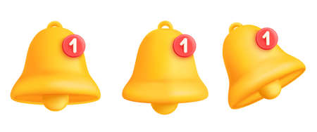3d notification bell. Render notice or reminder icon for users attention, alert alarm new message social media subscribe symbol ring information phone mail tidy vector illustrationのイラスト素材