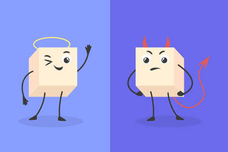 Bad and good cartoon sugar. Smile lump sugars cube character, candy devil vs angel concept healthy unhealthy food, happy sweets face, funny white cubes dessert vector illustrationのイラスト素材