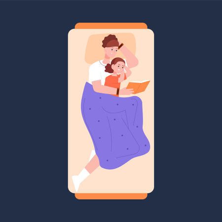 Mom and child reading in bed. Mother read kid fairy story bedtime, night book storytelling, love parent care baby home evening mum with children family routine, vector illustrationのイラスト素材