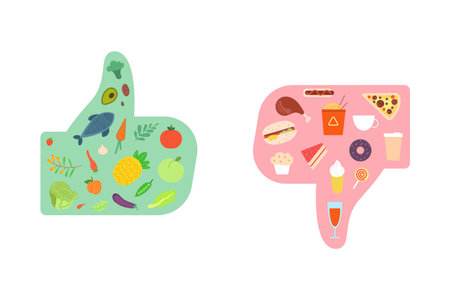 Healthy vs junk food. Choice good or bad nutrition, compare meal unhealthy fastfood, green vegetables balanced diet, cholesterol fatness snacks losses calories, vector illustrationのイラスト素材