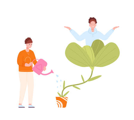 Self support growth. Help in implementation inner potential, water irrigation abstract blooming flowers of mind, future care, teaching education success grow, vector illustrationのイラスト素材
