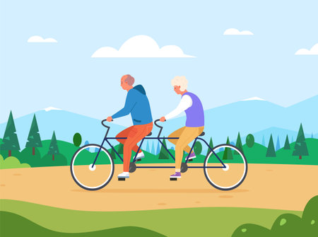 Seniors tandem bike. Old couple ride on couplebike, cute grandpa grandmother travel cycling, grandparents arthritis biking bicycle health fitness elderly people vector illustrationのイラスト素材