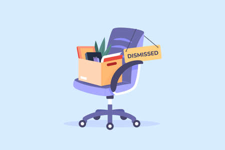Chair dismissed employee. Quitting job worker, box of fired businessman leaving office resign job dismiss work person unemployment layoff people lost employment vector illustrationのイラスト素材
