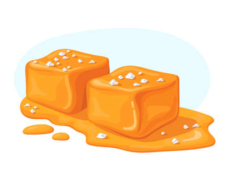 Salted caramel. Melting caramell cubes salt toffee honey liquid candy, melt caramelized sugar gourmet breakfast, isolated pieces chocolate syrup caramels, neat vector illustrationのイラスト素材