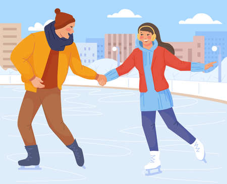 Man and woman holding hands on ice skating rinkのイラスト素材