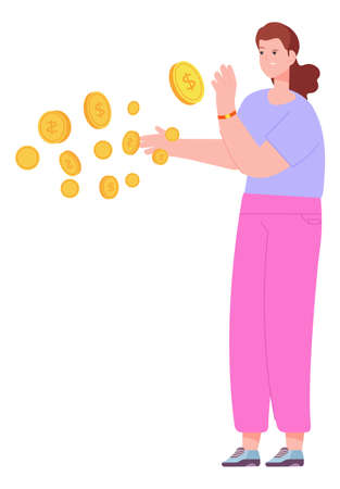 Woman catching golden coins. Money flowing in airのイラスト素材