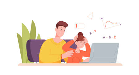 Hard learning pupil. Struggling concentrated child doing difficulty homework, parent help prepare to school college test, kid dyslexia exhausted student study vector illustrationのイラスト素材