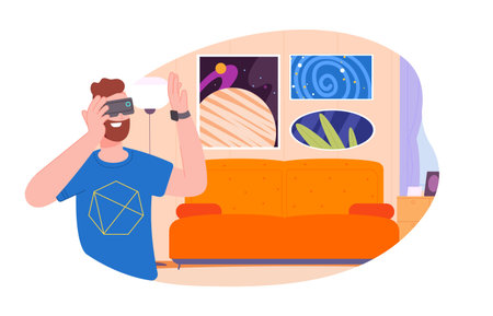 Vr room. Immersive exhibition virtual painting of museum, augmented reality tour in house, digital...
