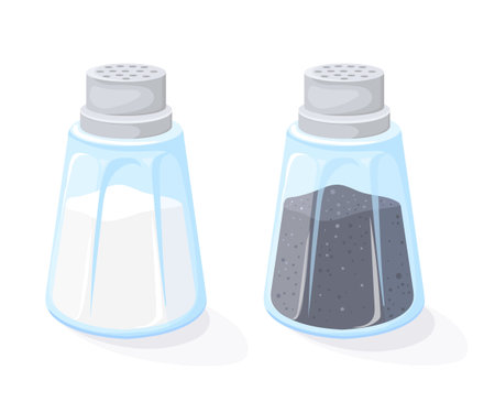 Cartoon salt pepper shakers. Condiment shaker for kitchen cooking, bottle black seasoning white spice powder food ingredients saltshakerのイラスト素材
