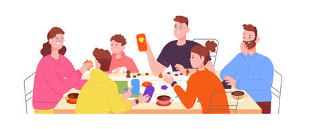 Family board games. Playing home on table with dice boards, active parents friends play fun game children, father mother player, kid talk drink tea, flat splendid vectorのイラスト素材