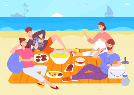 Picnic seashore. Happy friends on sea beach eat food drink wine. Summer outdoor recreation people meeting nature seaside friend blanket sandy shore ocean splendid vectorのイラスト素材