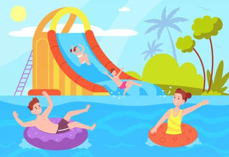 Kids ride waterslide. Boy girl sliding on aquapark tube inflatable slide or boat, extreme water rides child play pool splash children fun recreationのイラスト素材