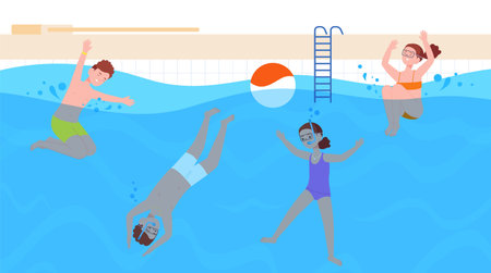 Kids swimming pool. Happy children in water goggles floating pool, cartoon youth swimmers lesson dive and swim splashing, baby play summer fun party, splendid vector illustrationのイラスト素材